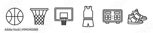 Set of black line art basketball icons featuring a ball, hoop, backboard, uniform, scoreboard, and sneakers in a minimalist, clean style for sports-themed design projects