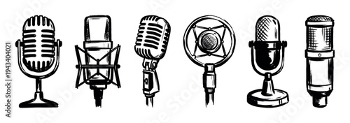 Collection of six vintage microphones hand-drawn in a black ink sketch style, showing various retro studio and broadcast equipment designs in a simple graphic illustration