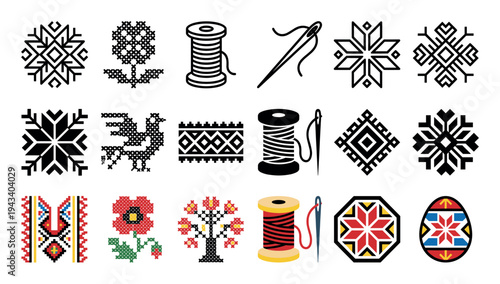 Collection of traditional folk art icons featuring cross-stitch embroidery patterns, sewing tools, and ethnic geometric ornaments in a flat vector illustration set