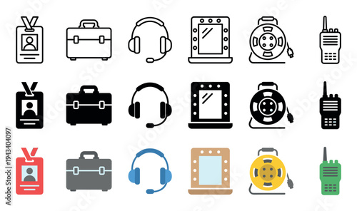 Collection of backstage production equipment icons showing an ID badge, briefcase, headset, makeup mirror, cable reel, and walkie-talkie in three distinct graphic styles