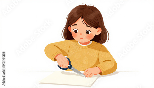 Girl focused on crafting with scissors in a cozy setting