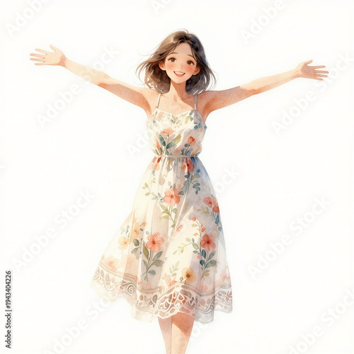 Young woman joyfully embracing with open arms in a floral dress on a light background