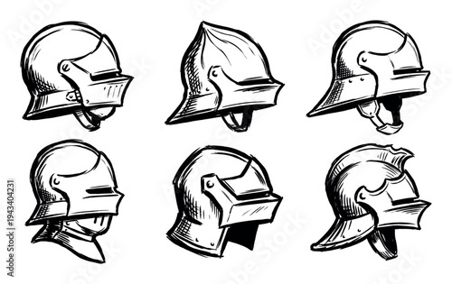 Set of six medieval knight helmets hand-drawn in a rough black ink sketch style, showcasing various historical armor designs for warriors and soldiers from different angles