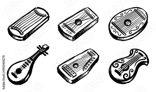Collection of six traditional stringed instruments hand-drawn in a black ink brush stroke style, featuring various folk zithers, lutes, and gusli for a cultural music concept