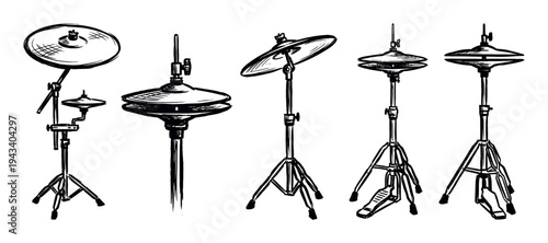 Set of hand-drawn drum cymbals on stands, including hi-hats with pedals and a ride cymbal, illustrated in a rough black and white ink sketch style for musical concepts