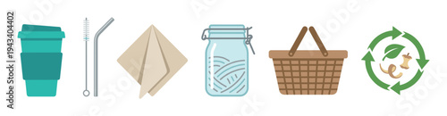Set of eco-friendly zero waste icons featuring a reusable coffee cup, metal straw, cloth napkin, glass jar, shopping basket, and compost symbol in a flat vector style