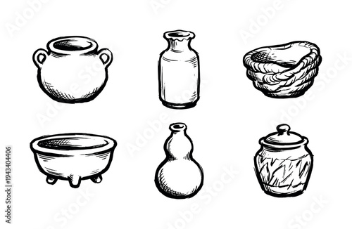 Collection of hand-drawn rustic pottery, vases, and a basket in a black ink sketch style, featuring various ancient ceramic and woven container shapes for a historical theme