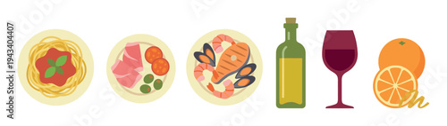 Set of flat design food icons representing a Mediterranean diet with pasta, seafood, cured meats, red and white wine, and fresh oranges for a healthy lifestyle concept