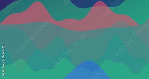 Abstract background with flowing organic shapes in green pink and blue translucent layers creating landscape effect