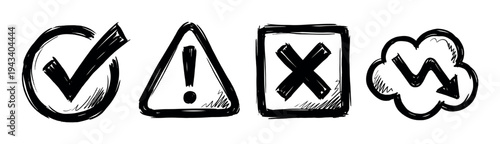 Hand-drawn black sketch icons set with a checkmark, warning triangle, cross mark, and download arrow representing success, alert, failure, and decline concepts in a doodle style