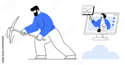 Data mining concept. Exploring digital data with manual tools and virtual solutions. Data mining as a resource for efficient analytics and remote teamwork. For technology, work, innovation, business