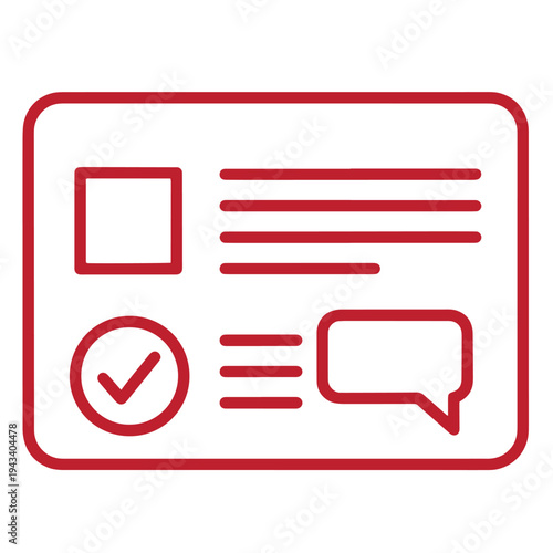 red line icon of a checklist with a checkbox and a speech bubble on a white background for communication and to do list concepts