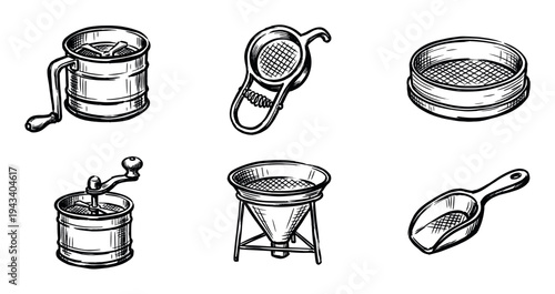 Set of hand-drawn vintage baking utensils including sifters, sieves, and a scoop illustrated in a detailed black and white sketch style for culinary concepts