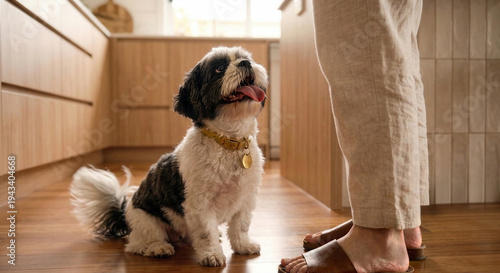 A Shih Tzu dog is sitting in the kitchen looking at its owner and begging for food - Um cão da raça Shih Tzu sentado na cozinha olhando para seu dono pedindo por comida
