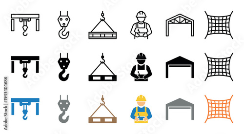 Set of industrial and construction icons showing a crane, hook, pallet, worker, warehouse, and cargo net, rendered in line, solid black glyph, and colorful flat styles