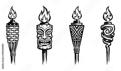 Four black and white tiki torch illustrations with different Polynesian designs including a tribal mask, woven bamboo, and geometric patterns in a hand-drawn sketch style