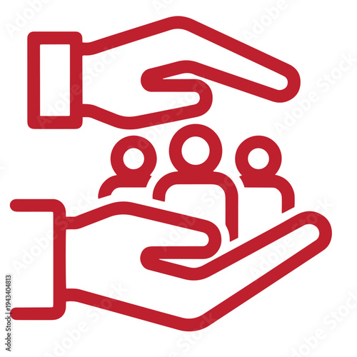 red line icon of hands protecting people  protection and care concept