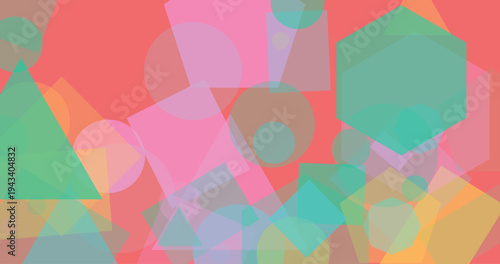 Colorful abstract overlapping geometric shapes and forms with transparency on coral background dynamic composition playful design