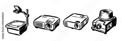 Collection of various projector types including overhead, digital, and slide projectors in a hand-drawn black and white sketch style illustration for business or education