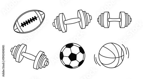 Collection of Six Sports Equipment Icons Including Football, Soccer Ball, Basketball, and Dumbbells vector