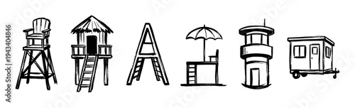 Set of black ink sketch illustrations of lifeguard towers and chairs in a hand-drawn style, showcasing various designs for beach safety and observation posts in a simple monochrome palette