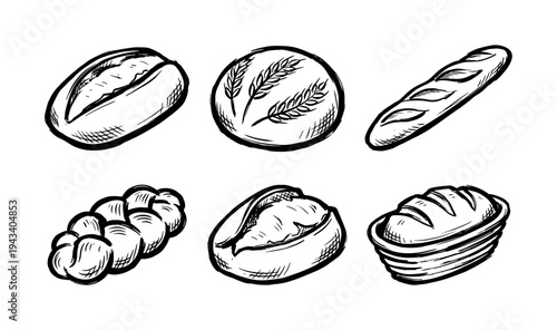 Set of six hand-drawn bread illustrations in a bold black and white sketch style, featuring various baked goods like a loaf, baguette, challah, and round bun
