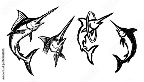 Collection of four dynamic marlin fish illustrations hand-drawn in an expressive black ink brushstroke style, showing the powerful sea creatures leaping