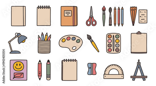 Assortment of hand-drawn school and art supplies on a white background supply stationery