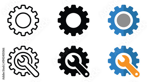 Gear Icons with Wrenches Isolated on White Background