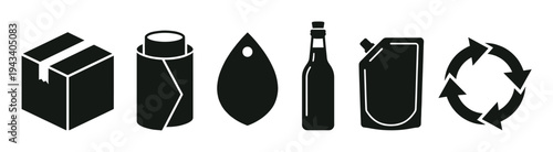 Set of black packaging and recycling icons featuring a cardboard box, paper roll, tag, bottle, doypack pouch, and recycle symbol in a minimalist vector graphic style