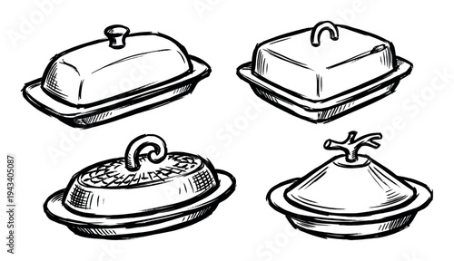 Four hand-drawn butter dish illustrations in a black ink sketch style, showcasing different designs of classic kitchenware with expressive, bold brush strokes for a rustic look