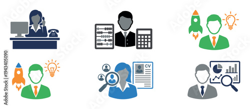 Set of colorful business management icons representing various professional roles like accounting, human resources, startup entrepreneurship, and data analysis in a flat vector style