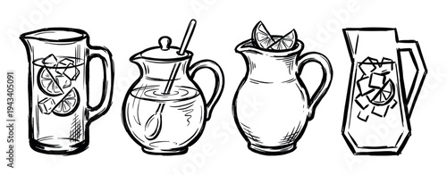 Set of four hand-drawn glass pitchers of refreshing lemonade with ice cubes and citrus slices in a black and white ink sketch style, perfect for a summer drink menu