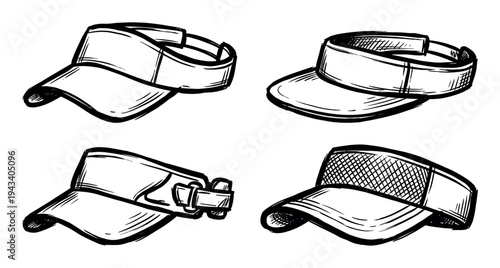 Set of four sports sun visors hand-drawn in a black ink doodle style, showcasing various designs and perspectives of the classic athletic cap accessory
