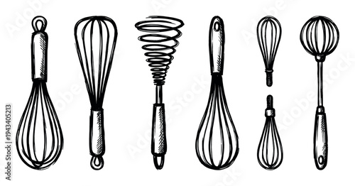 Collection of hand-drawn kitchen whisks in a sketchy black and white doodle style, showing various cooking utensils for baking and mixing ingredients