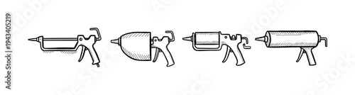 Set of four hand-drawn caulking guns in a simple sketch style, showing different designs of the construction tool in a horizontal row with black line art