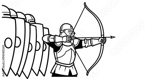 Medieval Archer in Armor with Shield Wall, Ready to Fire Arrow