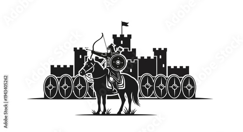 Medieval Archer on Horseback Defending Castle with Shields and Flag