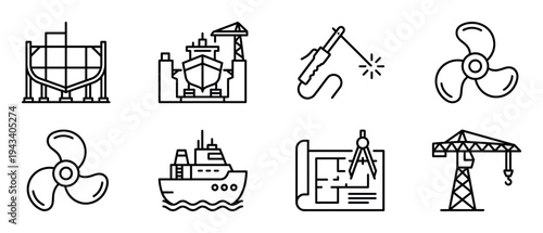 Set of shipbuilding and construction icons featuring a vessel in dry dock, a crane, welding tool, propeller, and blueprint, all rendered in a clean minimalist line art style