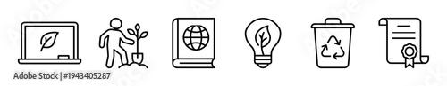 Set of environmental education line icons representing sustainability, including tree planting, recycling, green energy, global studies, and eco certification