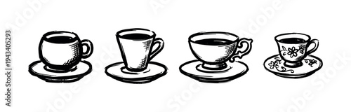 Four hand-drawn coffee cups and saucers in a row, a black and white ink sketch illustration showing a collection of different mugs with hot drinks in a simple artistic style
