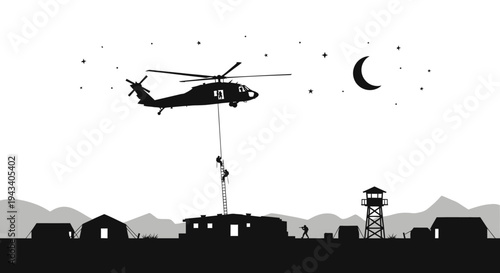 Military Helicopter Rappelling Soldiers at Night Base Camp