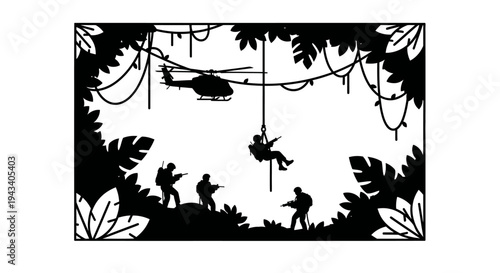 Military Helicopter Drops Soldier into Jungle with Armed Troops Below