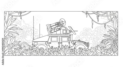 Military Humvee with Missile Launcher in Jungle Camouflage - Line Art