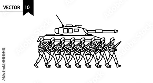 Military Parade: Soldiers Marching with Tank, Vector Illustration
