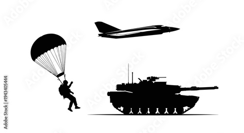 Military Paratrooper, Jet Fighter, and Tank Silhouette - Airborne Assault Concept