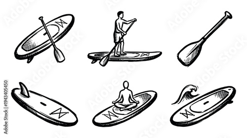 Set of six hand-drawn stand-up paddleboarding illustrations showing people, boards, and paddles in a black ink sketch style for water sports and recreation concepts