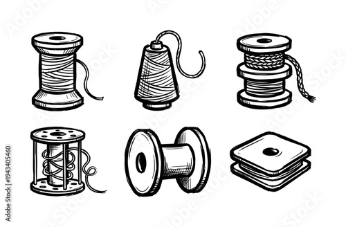 Hand-drawn set of sewing spools and bobbins in a black ink sketch style, featuring various types of thread and cord for tailoring, crafting, and needlework concepts