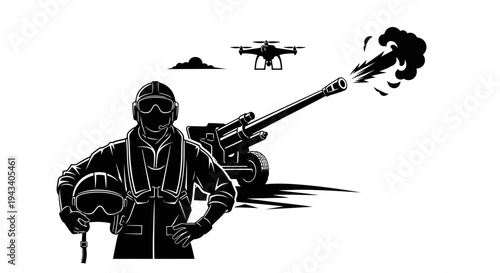 Military Pilot and Drone with Firing Cannon, Modern Warfare Concept