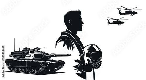 Military Pilot Silhouette with Tank and Helicopters, Military Power Concept
